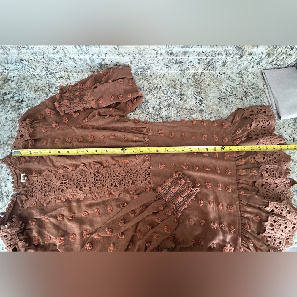 Just Me Boho Swiss Dot Crochet Lace Ruffled Hem Party Mini Dress Cognac Size M - Picture 15 of 15